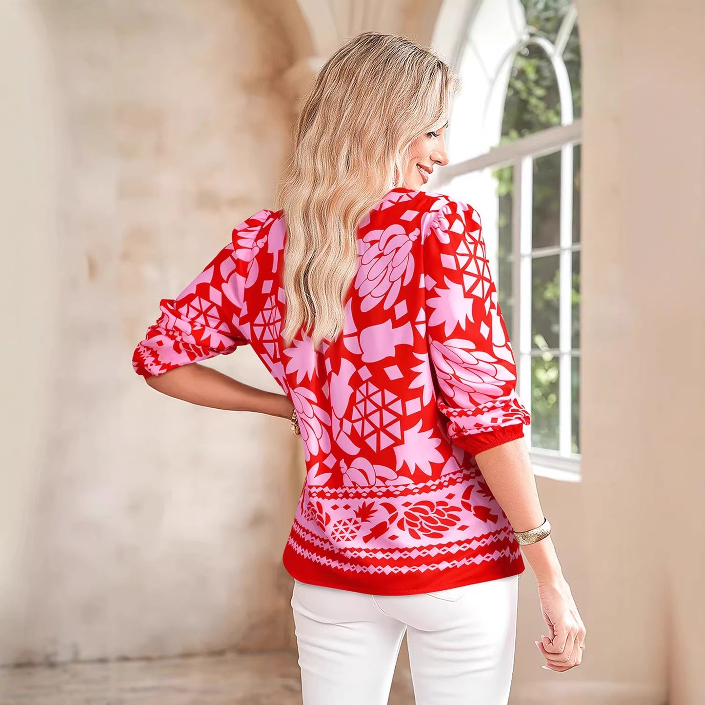 Womens New Pointed-Collar Printed Long-Sleeve Cardigan Shirt