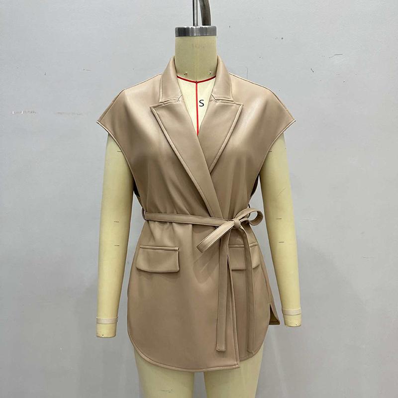Women's Faux Leather Vest, Lapel Collar Sleeveless Casual Work Jacket With Belt