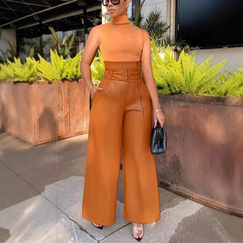 Women's Fashion High-Waisted PU Wide-Leg Pants, Solid Color Metal Belt Detail Trousers With Pockets