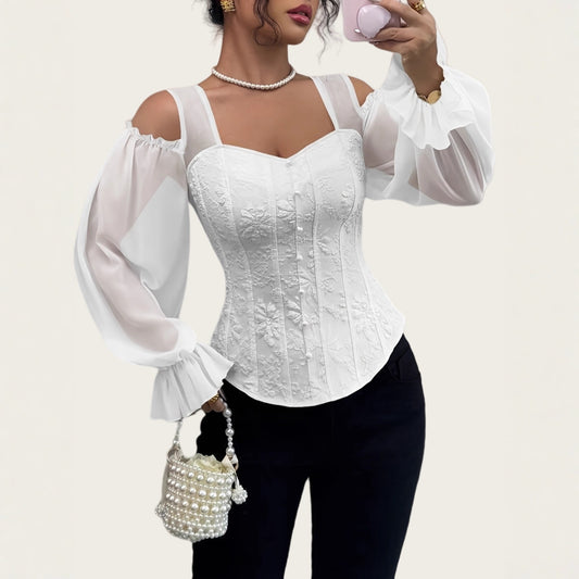Elegant Off-Shoulder Floral Jacquard Blouse For Women