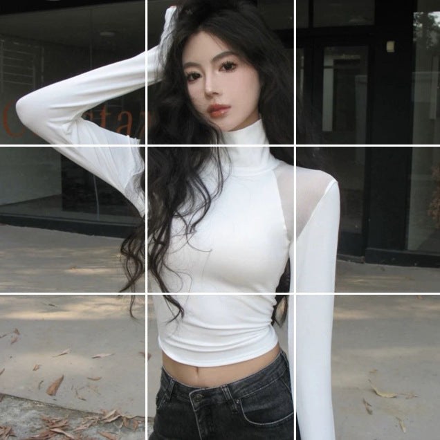 Springautumn American-style Sexy Sheer Mesh-panel Long-sleeve Top