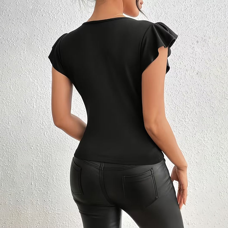Women Summer Ruffle Tops Sexy Mesh Panel Short Sleeve Shirts Trendy Casual Slim Fitted Tees Blouse