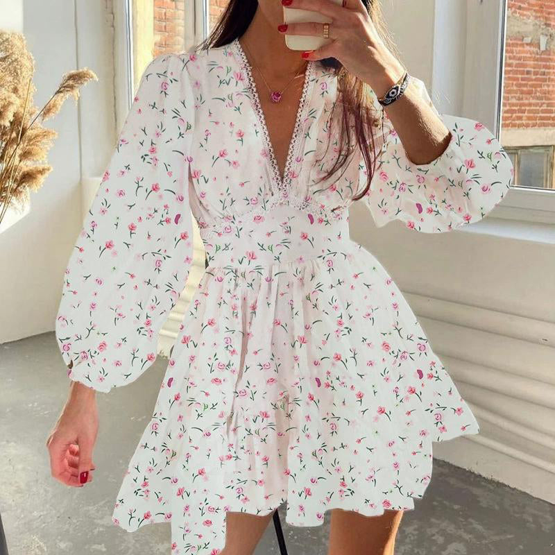 Women's Floral Puff Sleeve Mini Dress - V-Neck Ruffle Hem Casual Holiday Dress