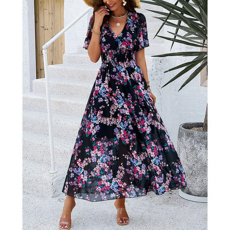 Women's Floral Puff Sleeve Midi Dress - Boho V-Neck Smocked Dress