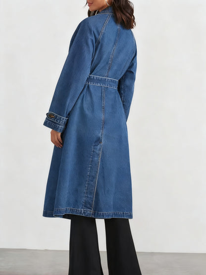 New Fashionable Denim Women's Windbreaker, Pure Color Turtleneck Long-sleeved Lace-up Long Denim Jacket For Women