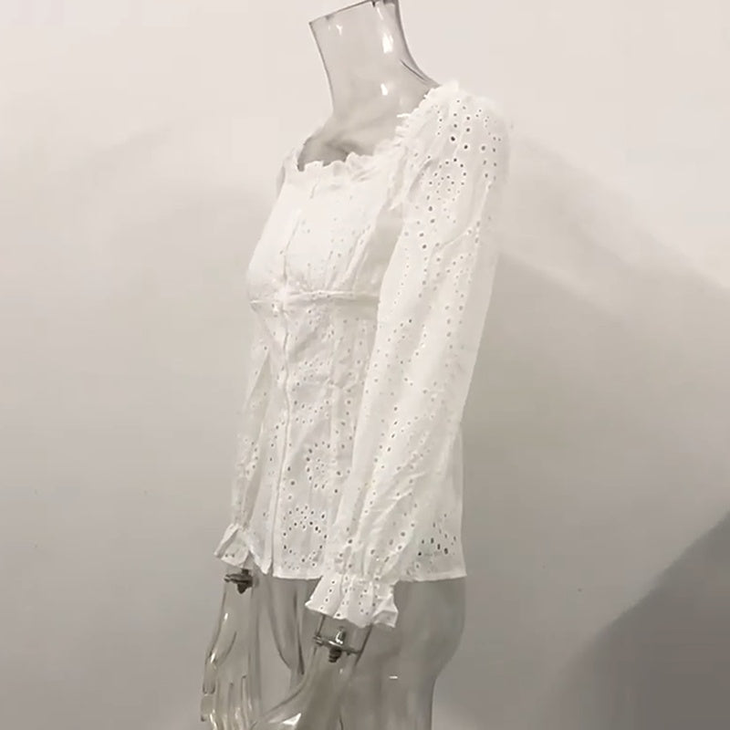 Women's Square Neck Puff Sleeve Eyelet Lace Hollow Out Button Top Blouse