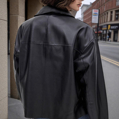 Women's Faux Leather Jacket, Cropped Zip Up Long Sleeve Casual Coat With Pockets