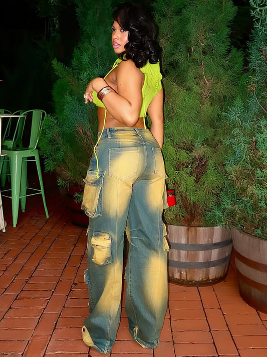 New Women's Denim Jeans With Multiple Pockets, Hot-selling, Vintage Style, Casual, Loose-fitting, Workwear Pants