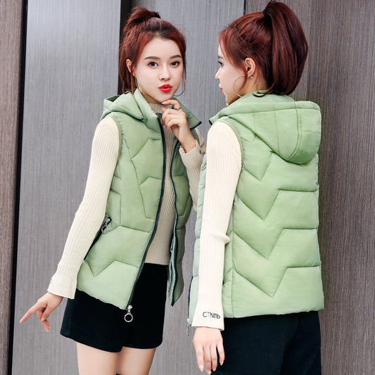Ladies' Fashion Down Cotton Vest Short Mom Hooded Wear Warm Vest