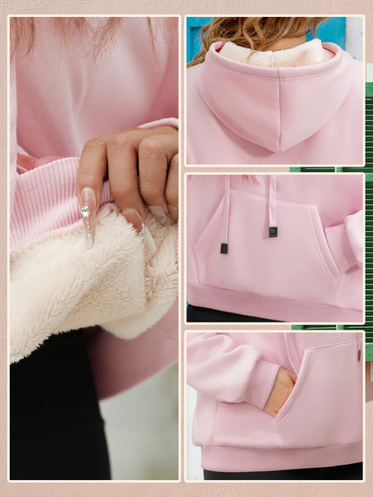 Winter New Arrival - Fashion Solid Color Velvet Hoodie - Warm Autumn And Winter Top - Hoodie With Adjustable Drawstring And Kangaroo Pocket, Comfortable Women's Sweatshirt