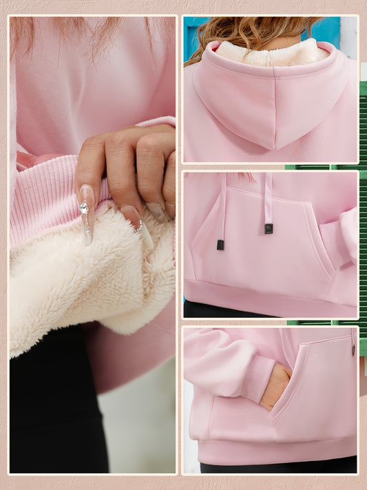 Winter New Arrival - Fashion Solid Color Velvet Hoodie - Warm Autumn And Winter Top - Hoodie With Adjustable Drawstring And Kangaroo Pocket, Comfortable Women's Sweatshirt