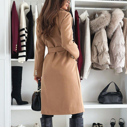 Women's Double Breasted Wool Trench Coat, Notch Lapel Midi Long Winter Coat With Belt