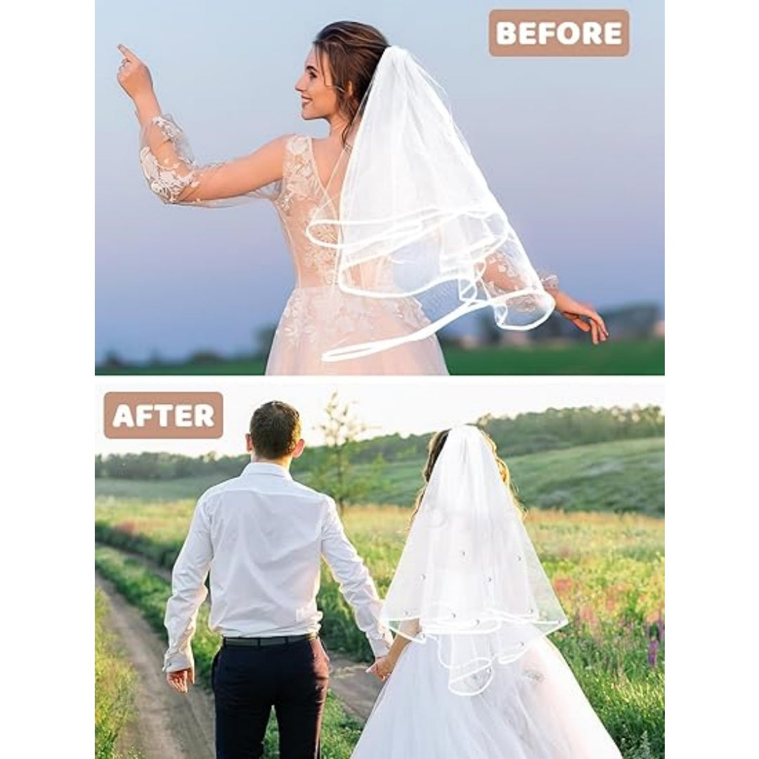 Bridal Veil Wedding Veil Weights Short 2 Tier Veil And 12 Pairs Veil Weights Magnetic Double Sided Artificial Pearls Silver Button For Bachelorette Party Bridal Shower Veil First Communion-Clearance