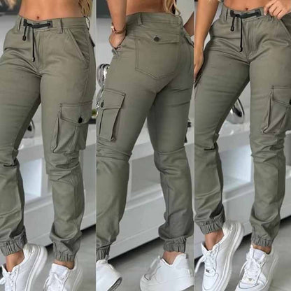 Women's High-Waisted Cargo Pants - Non-See-Through Work Pants With Drawstring Waist Multi-Pocket Slim Tapered Leg For Office