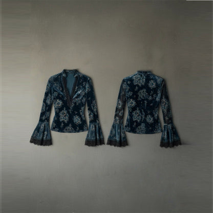 Women's Retro Lace Panel Blouse Elegant V-Neck Print Bell Long Sleeve Top For Spring Autumn Daily Wear