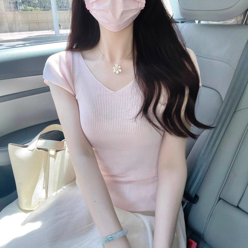 Cream-yellow V-neck Cap-sleeve Short-sleeve Womens Summer Top