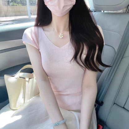 Cream-yellow V-neck Cap-sleeve Short-sleeve Womens Summer Top