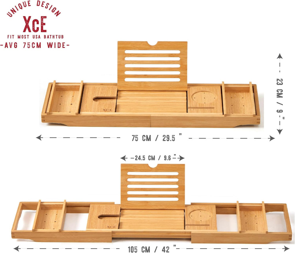 Bathtub Caddy Tray Expandable to 105Cm with Bamboo Book Stand and Soap Tray, Natural
