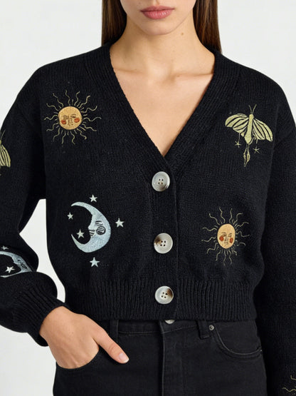 New Women's Embroidery Button Knitted Cardigan Sweater With Sun And Moon Pattern Lantern Sleeves V-neck Cardigan Top