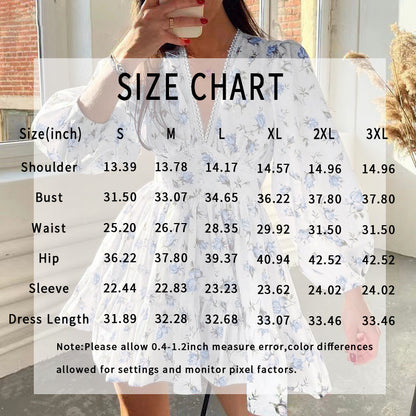 Women's Floral Puff Sleeve Mini Dress - V-Neck Ruffle Hem Casual Holiday Dress