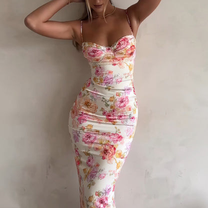 Women's Floral Bodycon Maxi Dress - Sexy Spaghetti Strap Vacation Dress