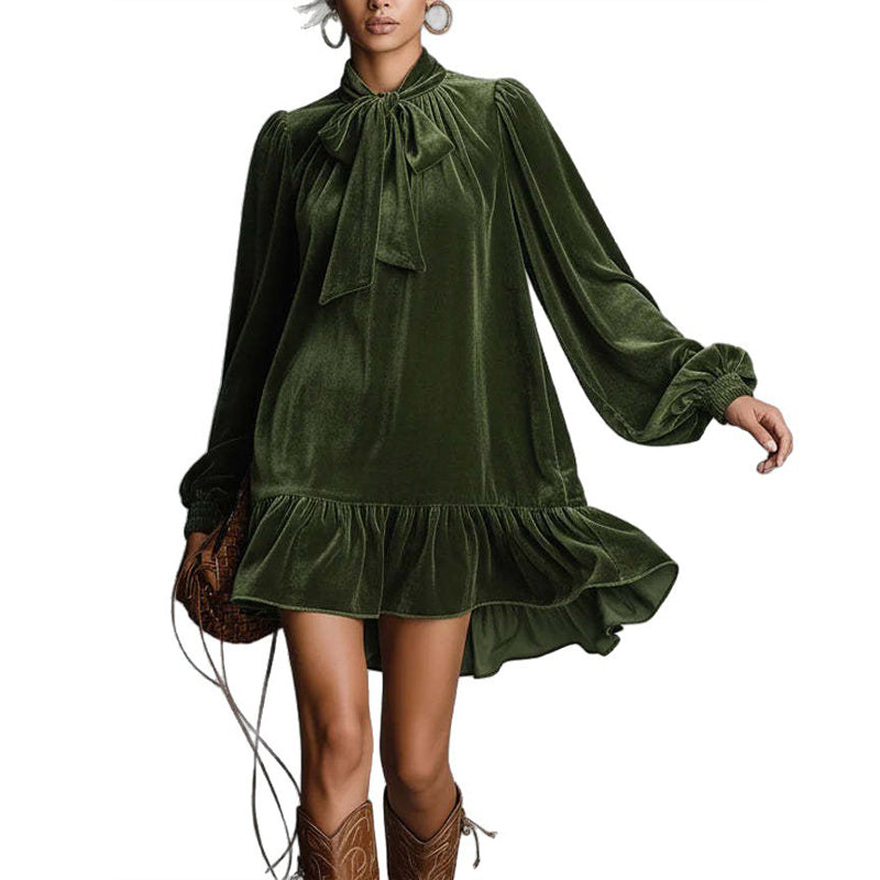 Women's Elegant Solid Color Bow Tie Dress With Puff Sleeves & Asymmetric Ruffle Hem, Loose Fit Short Dress For Spring Autumn