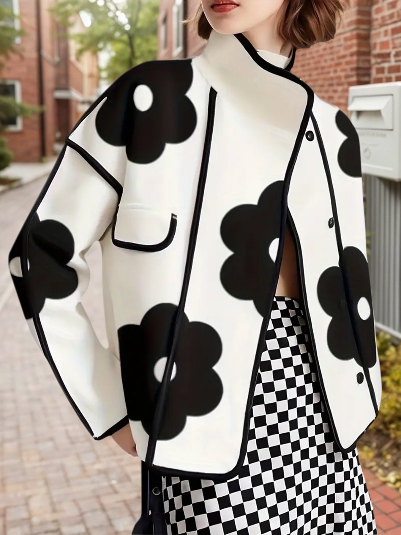 New Style Women's Long-sleeved Loose Contrast-colored Flower-printed Slit Stand-collar Jacket Wool Jacket