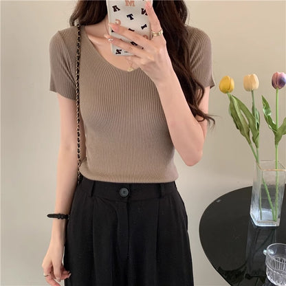 Cream-yellow V-neck Cap-sleeve Short-sleeve Womens Summer Top