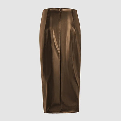 Women's Solid Color PU Leather Pencil Skirt, Drawstring Waist Bodycon Midi Skirt With Slit Hem