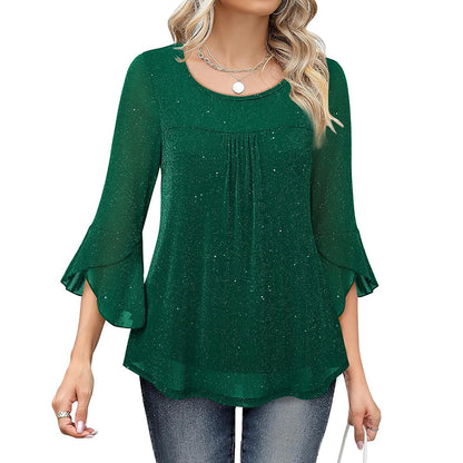 Womens Ruffle 3 4 Sleeve Sparkle Top Blouses Casual Shirts Crew Neck Glitter Night Out Tops