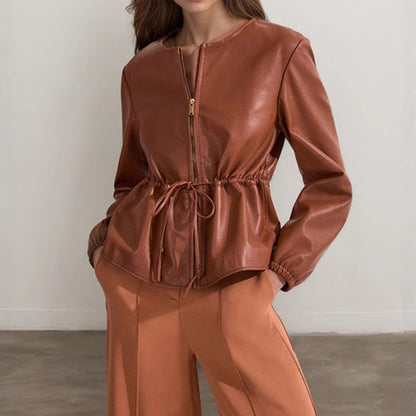 Women's Zip Front Faux Leather Jacket, Long Sleeve Drawstring Waist Jacket