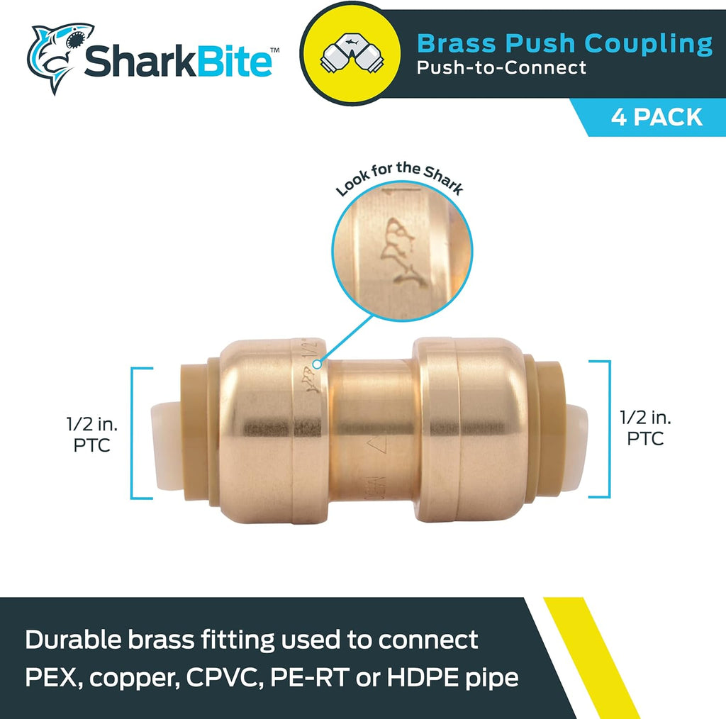 1/2 Inch Coupling, Pack of 4, Push to Connect Brass Plumbing Fitting, PEX Pipe, Copper, CPVC, PE-RT, HDPE, U008LFA4