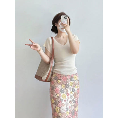 Cream-yellow V-neck Cap-sleeve Short-sleeve Womens Summer Top