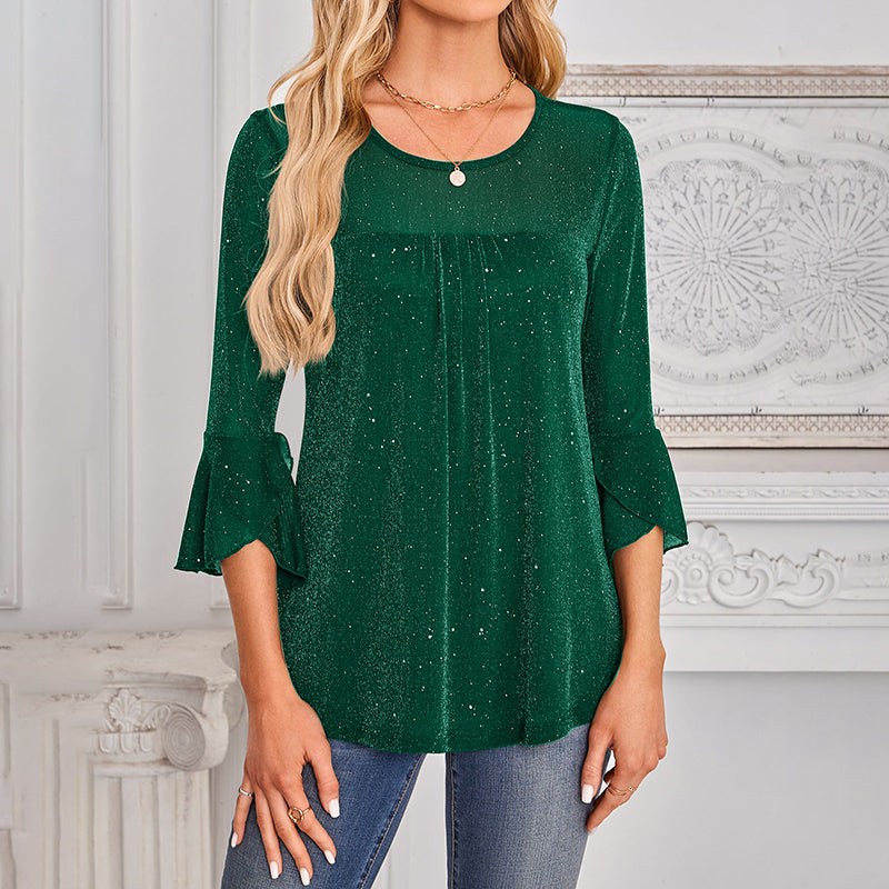 Womens Ruffle 3 4 Sleeve Sparkle Top Blouses Casual Shirts Crew Neck Glitter Night Out Tops