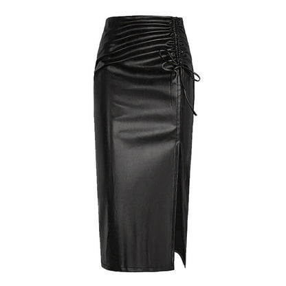 Women's Solid Color PU Leather Pencil Skirt, Drawstring Waist Bodycon Midi Skirt With Slit Hem
