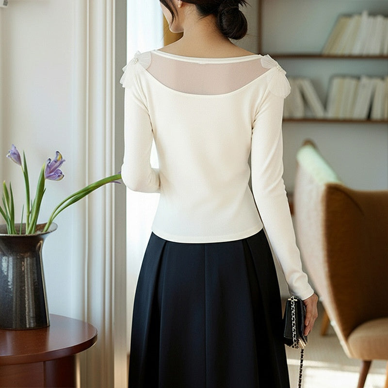 Elegant Commuter-Style Slim-Fit Solid-Color Top With Three-Dimensional Floral Mesh Panels