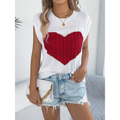 Women's Heart Color Block Knit Top - Casual Sleeveless Valentine Shirt