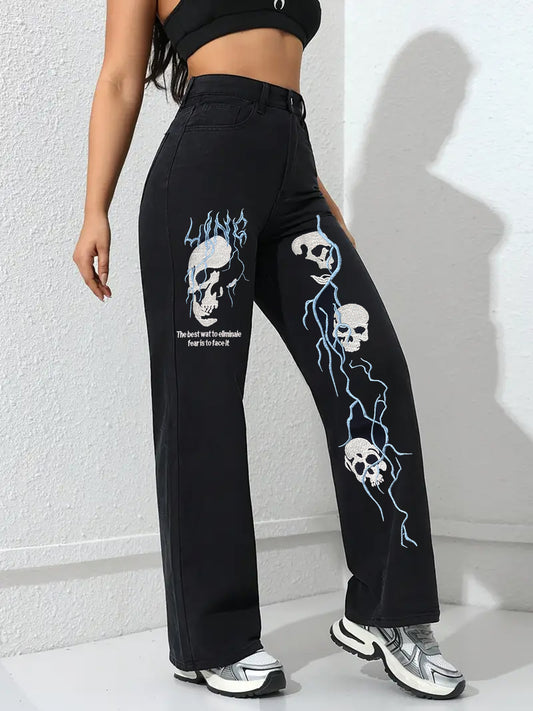 Women's Jeans Black American Street Creative Embroidery Niche Jeans Women's Spring And Autumn New Versatile Loose Straight Casual Trend Pants Women's Jeans L