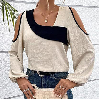 Women's Cold Shoulder Color Block Long Sleeve Tee Shirt Casual Going Out Top