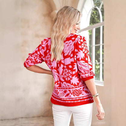 Womens New Pointed-Collar Printed Long-Sleeve Cardigan Shirt