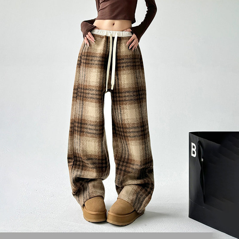 Women's High-Waisted Plaid Wide Leg Pants, Check Pattern Trousers With Drawstring Waist And Pockets