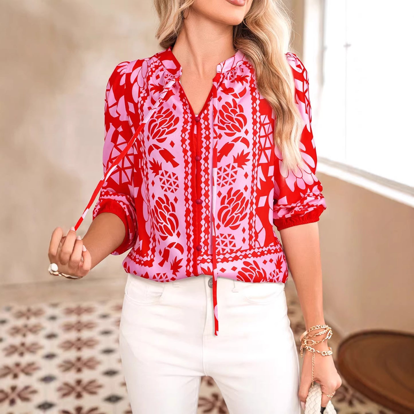 Womens New Pointed-Collar Printed Long-Sleeve Cardigan Shirt