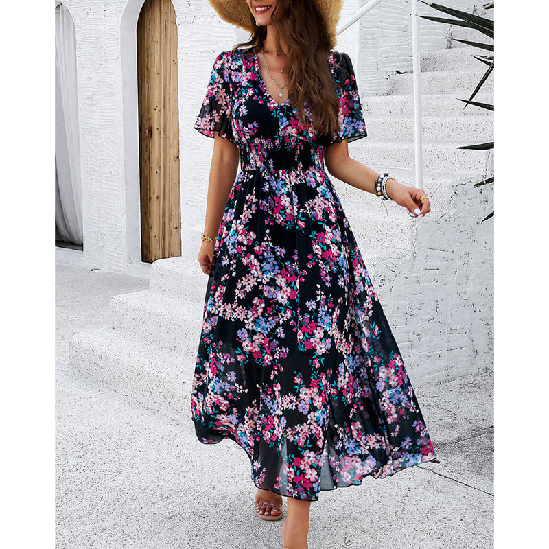 Women's Floral Puff Sleeve Midi Dress - Boho V-Neck Smocked Dress