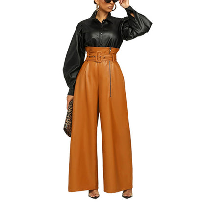 Women's Fashion High-Waisted PU Wide-Leg Pants, Solid Color Metal Belt Detail Trousers With Pockets