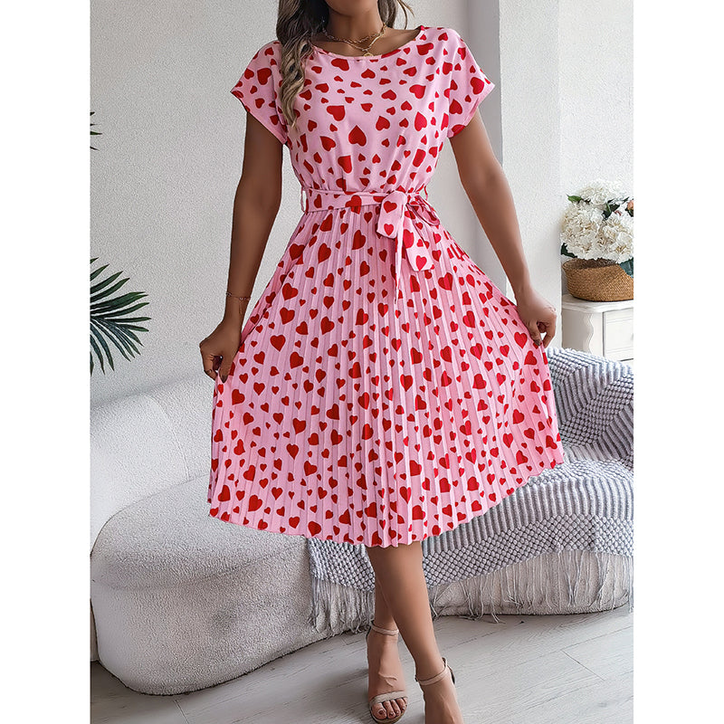 Women's Heart Print Midi Dress - Crew Neck Short Sleeve Belted Pleated Sundress