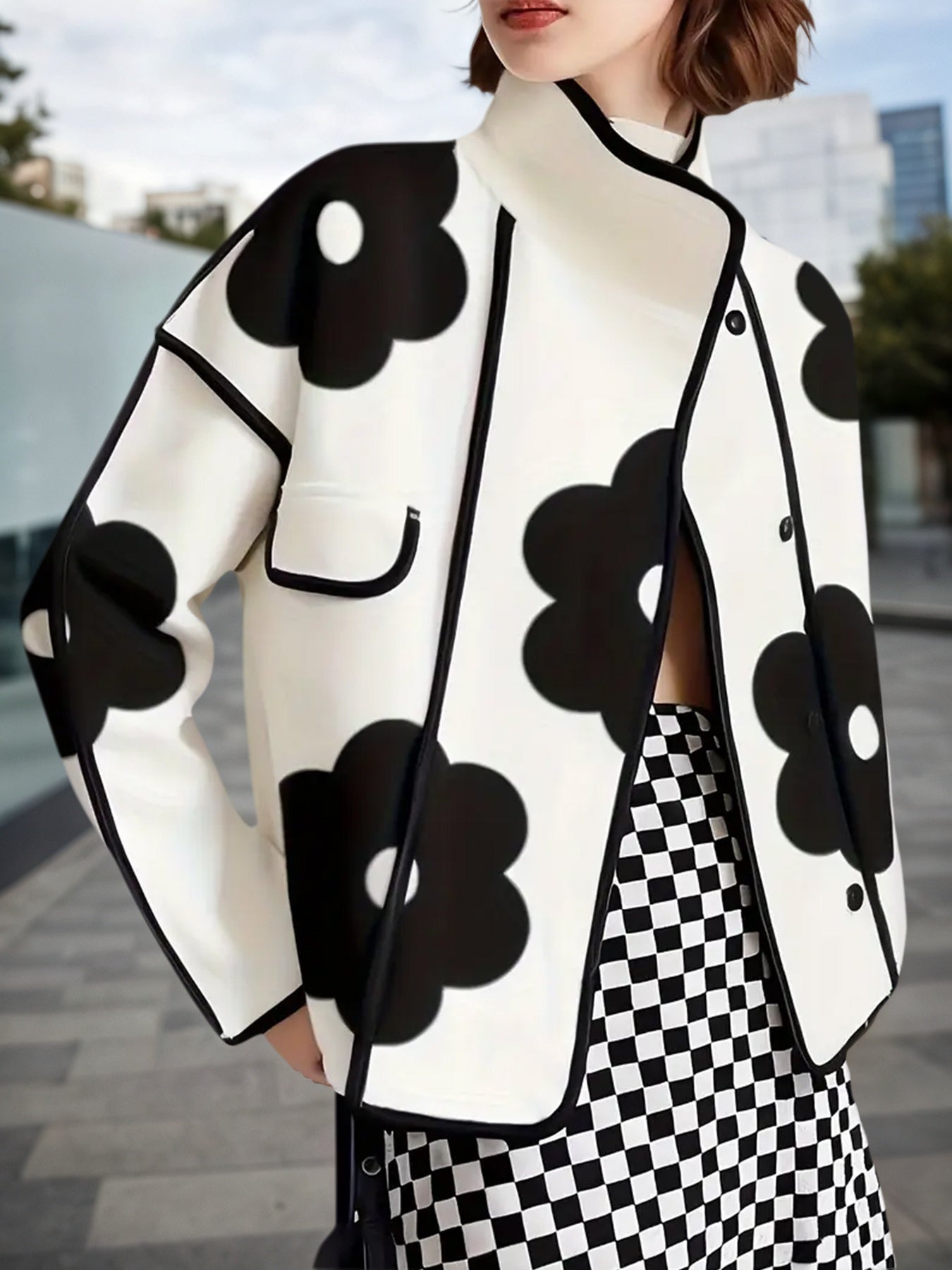 New Style Women's Long-sleeved Loose Contrast-colored Flower-printed Slit Stand-collar Jacket Wool Jacket