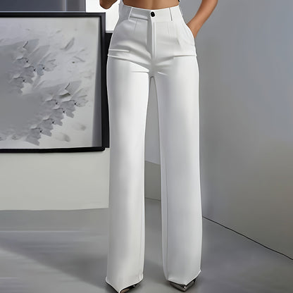 Women's Solid Color High-Waisted Wide Leg Pants, Relaxed Fit Straight Leg Trousers With Zip-Fly For Daily Wear