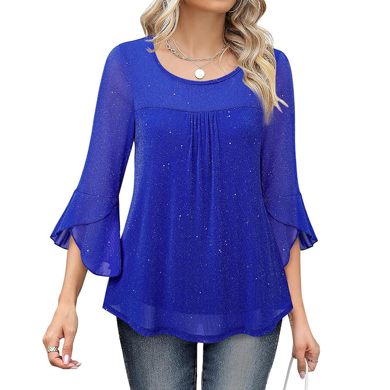 Womens Ruffle 3 4 Sleeve Sparkle Top Blouses Casual Shirts Crew Neck Glitter Night Out Tops