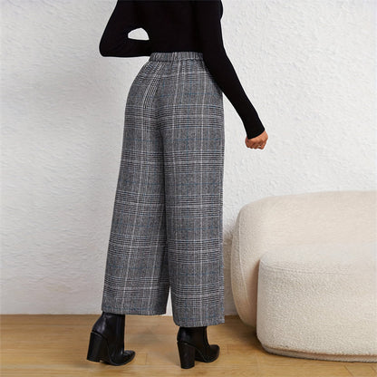 Women's Spring Fashion Plaid Wide-Leg Ninth Pants With Double-Breasted Decoration For Daily Office Wear