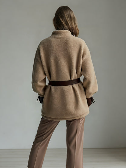 New Style Women's Autumn And Winter Clothing, New Style Women's Thickened Lamb Fur Stitching PU Leather Pocket Leather Belt Vintage Jacket